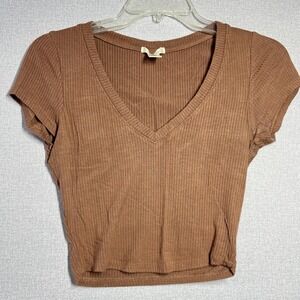 Bozzolo Shirt Juniors Small Brown V Neck Ribbed Knit Cropped Tee Top Stretch